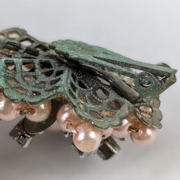 Vintage Pink Faux Pearl Scarf Dress Clip Rhinestone Floral Mid-Century Jewelry - Picture 3 of 5